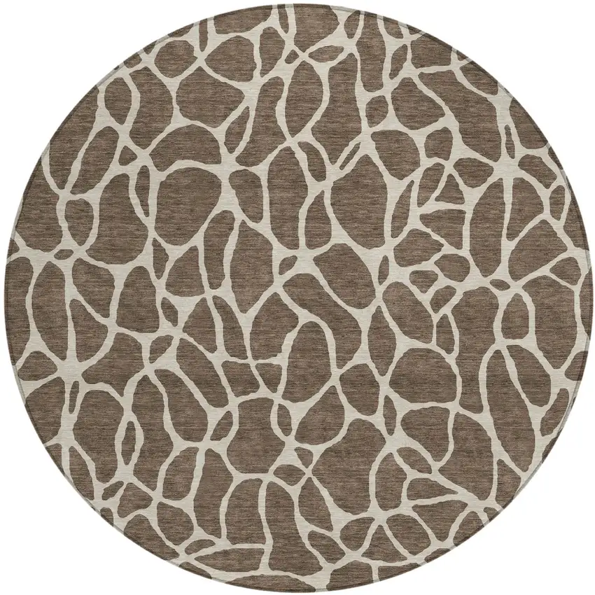 8' Brown And Beige Round Geometric Washable Indoor Outdoor Area Rug Photo 2