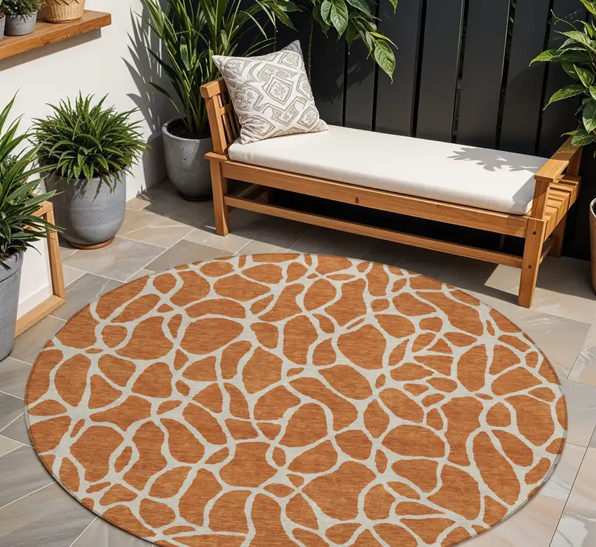 8' Brown And Beige Round Geometric Washable Indoor Outdoor Area Rug Photo 1