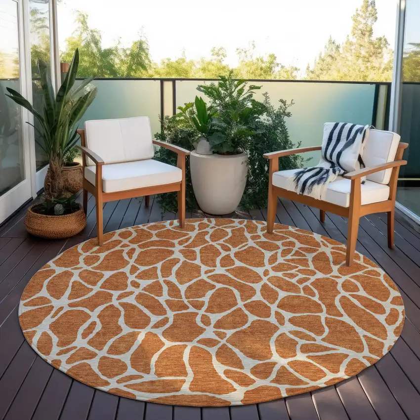 8' Brown And Beige Round Geometric Washable Indoor Outdoor Area Rug Photo 6