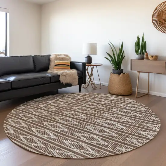 8' Brown And Beige Round Geometric Washable Indoor Outdoor Area Rug Photo 8