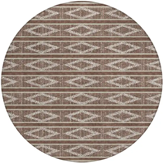 8' Brown And Beige Round Geometric Washable Indoor Outdoor Area Rug Photo 2