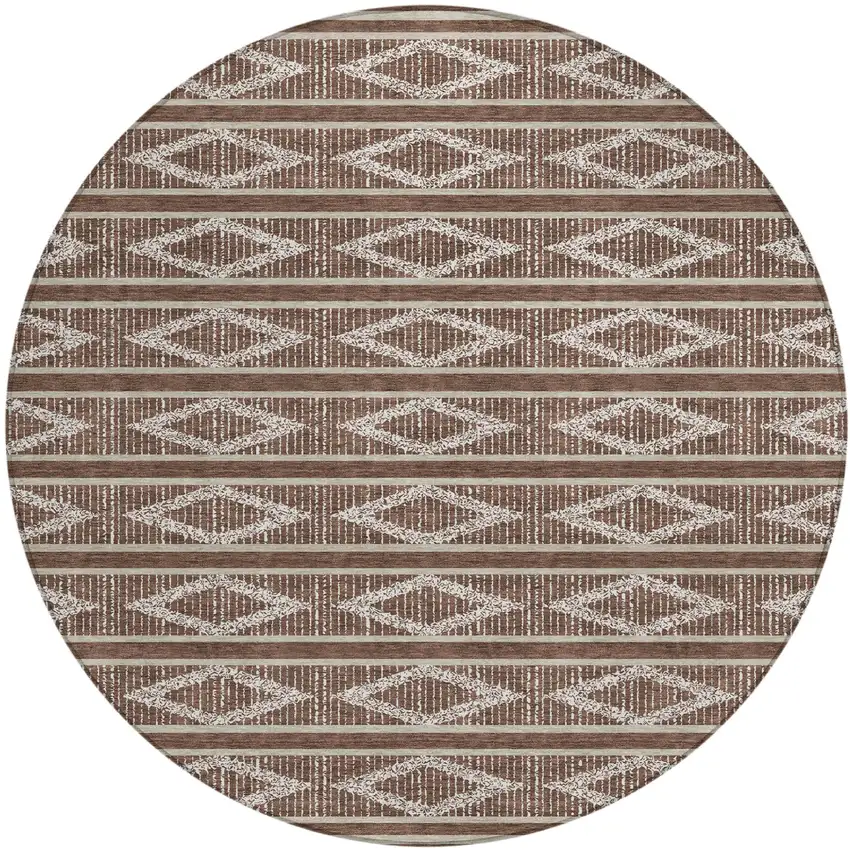 8' Brown And Beige Round Geometric Washable Indoor Outdoor Area Rug Photo 2