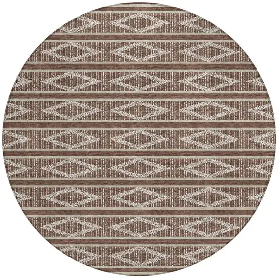 8' Brown And Beige Round Geometric Washable Indoor Outdoor Area Rug Photo 6