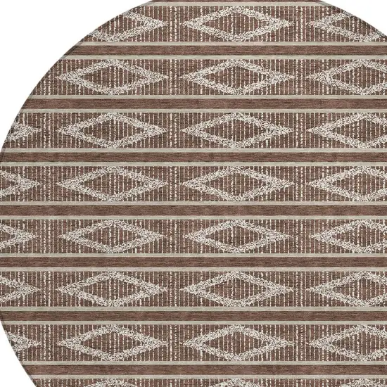 8' Brown And Beige Round Geometric Washable Indoor Outdoor Area Rug Photo 5