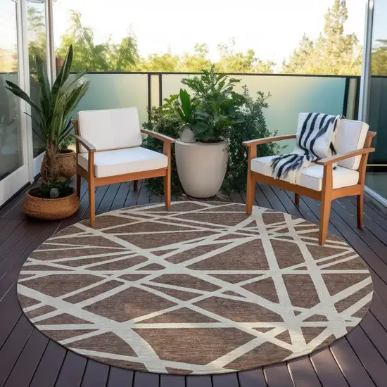 8' Brown And Beige Round Geometric Washable Indoor Outdoor Area Rug Photo 6
