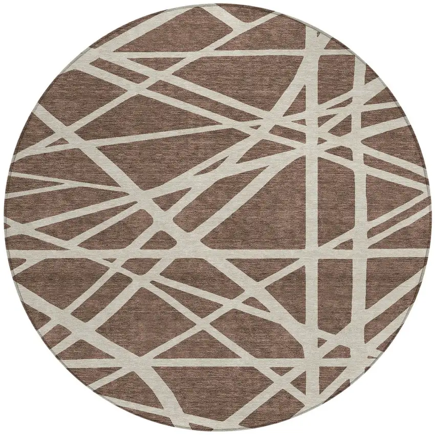 8' Brown And Beige Round Geometric Washable Indoor Outdoor Area Rug Photo 4