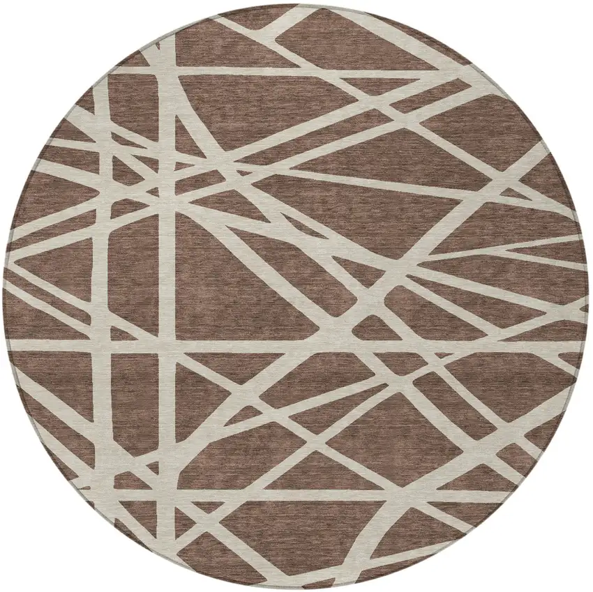 8' Brown And Beige Round Geometric Washable Indoor Outdoor Area Rug Photo 5
