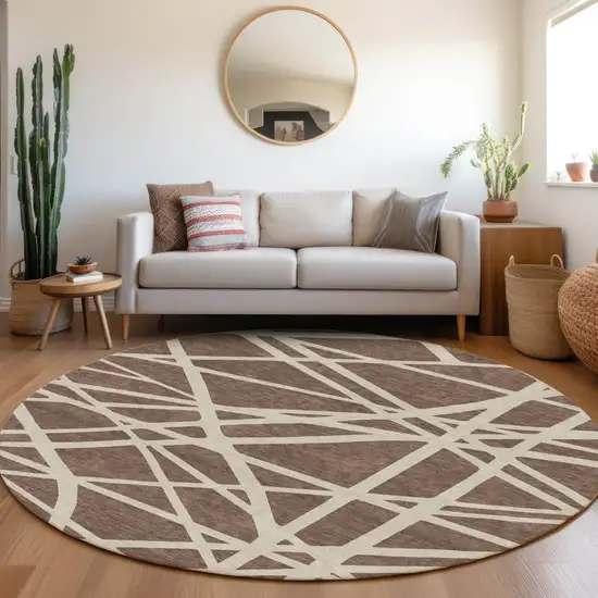 8' Brown And Beige Round Geometric Washable Indoor Outdoor Area Rug Photo 7
