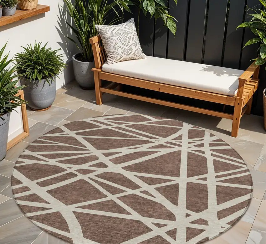 8' Brown And Beige Round Geometric Washable Indoor Outdoor Area Rug Photo 1