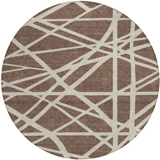8' Brown And Beige Round Geometric Washable Indoor Outdoor Area Rug Photo 2