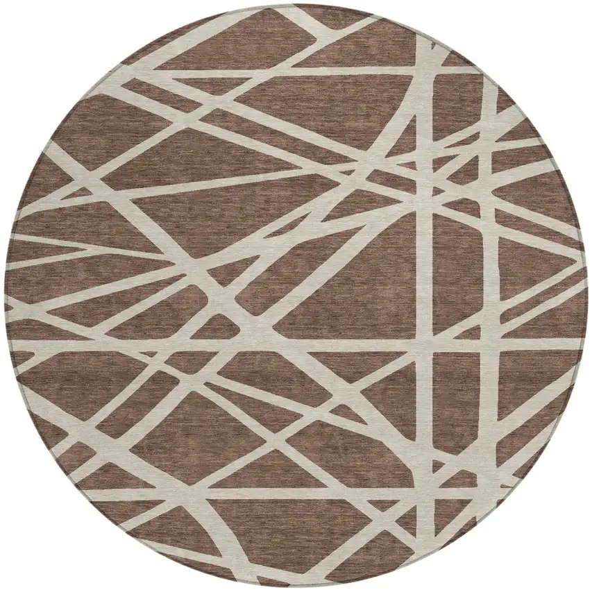 8' Brown And Beige Round Geometric Washable Indoor Outdoor Area Rug Photo 2