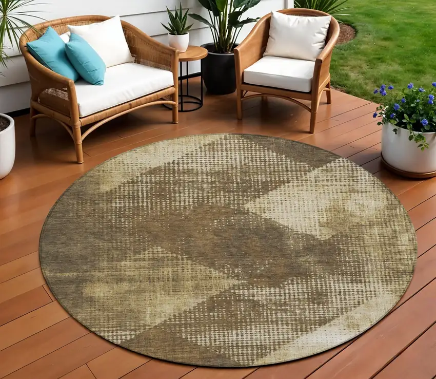 8' Brown And Beige Round Geometric Washable Indoor Outdoor Area Rug Photo 1