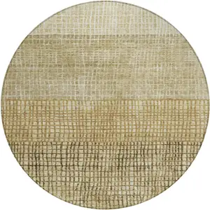 Photo of 8' Brown And Beige Round Geometric Washable Indoor Outdoor Area Rug