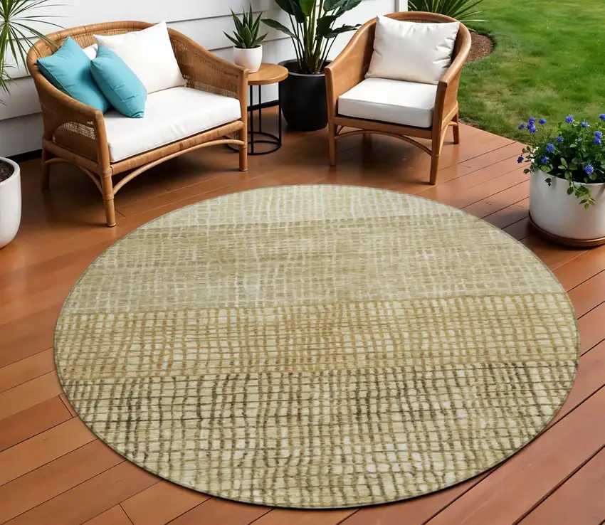 8' Brown And Beige Round Geometric Washable Indoor Outdoor Area Rug Photo 2