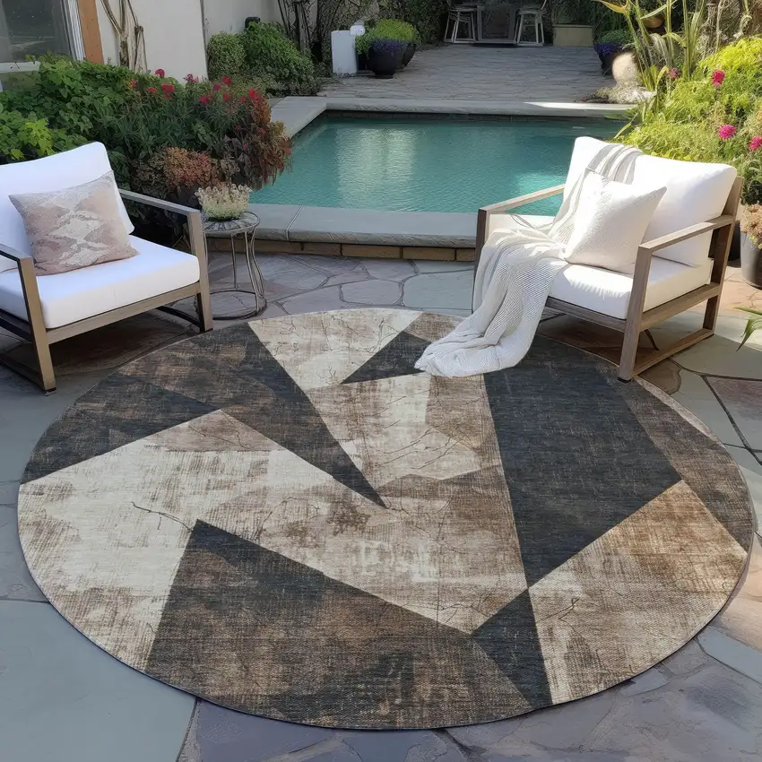 8' Brown And Beige Round Geometric Washable Indoor Outdoor Area Rug Photo 6