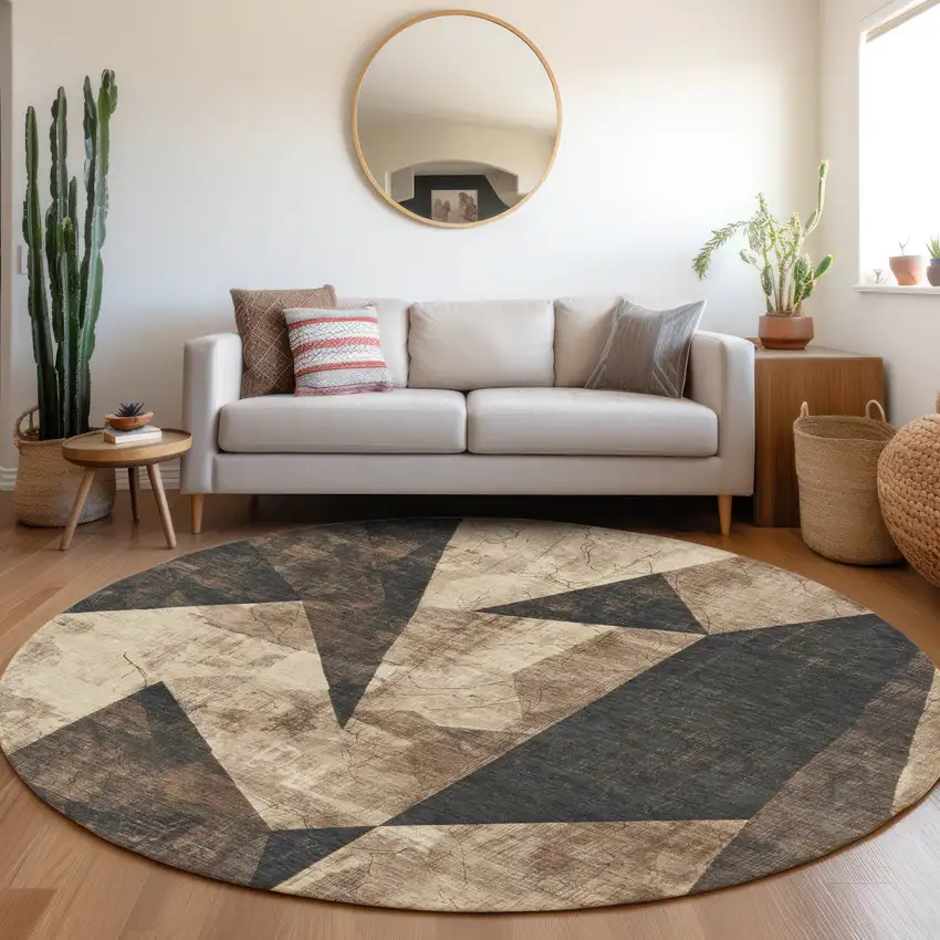 8' Brown And Beige Round Geometric Washable Indoor Outdoor Area Rug Photo 7