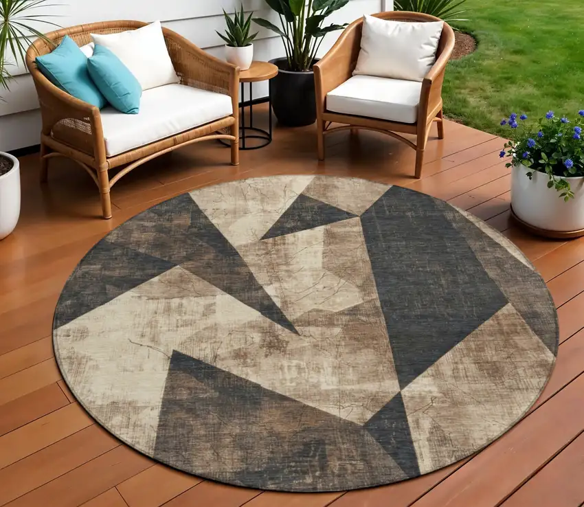 8' Brown And Beige Round Geometric Washable Indoor Outdoor Area Rug Photo 2