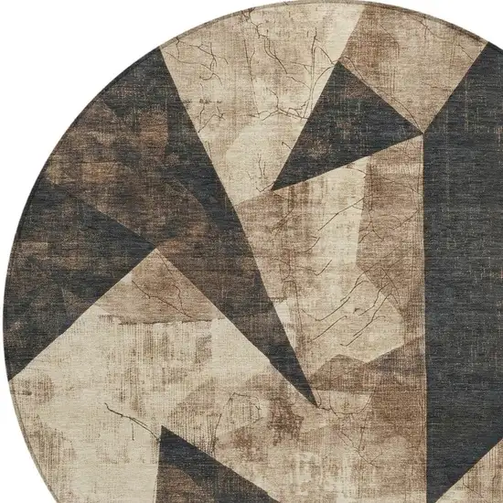 8' Brown And Beige Round Geometric Washable Indoor Outdoor Area Rug Photo 4
