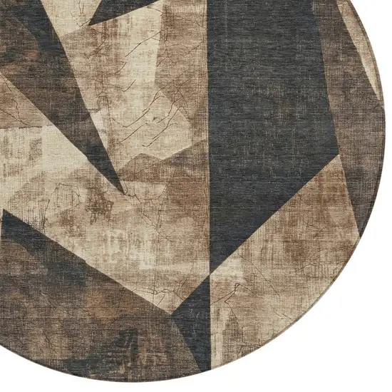 8' Brown And Beige Round Geometric Washable Indoor Outdoor Area Rug Photo 9
