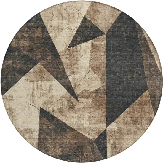 8' Brown And Beige Round Geometric Washable Indoor Outdoor Area Rug Photo 1