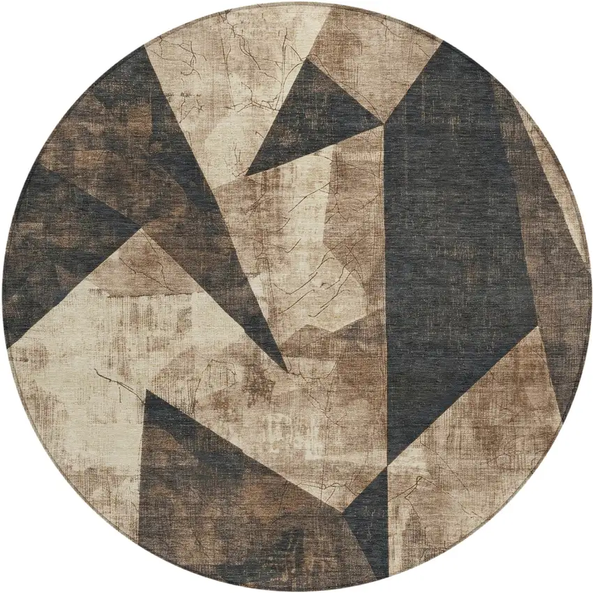 8' Brown And Beige Round Geometric Washable Indoor Outdoor Area Rug Photo 1