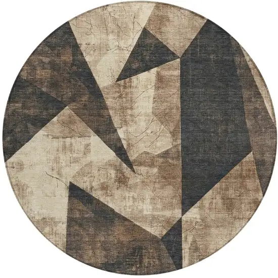 8' Brown And Beige Round Geometric Washable Indoor Outdoor Area Rug Photo 3