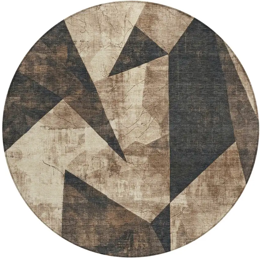8' Brown And Beige Round Geometric Washable Indoor Outdoor Area Rug Photo 3