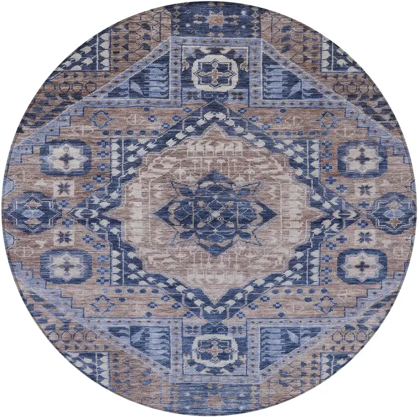 8' Brown And Beige Round Geometric Washable Indoor Outdoor Area Rug Photo 3