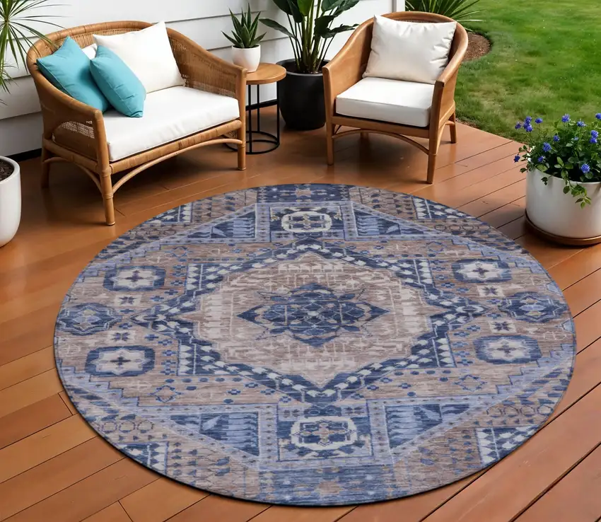 8' Brown And Beige Round Geometric Washable Indoor Outdoor Area Rug Photo 2