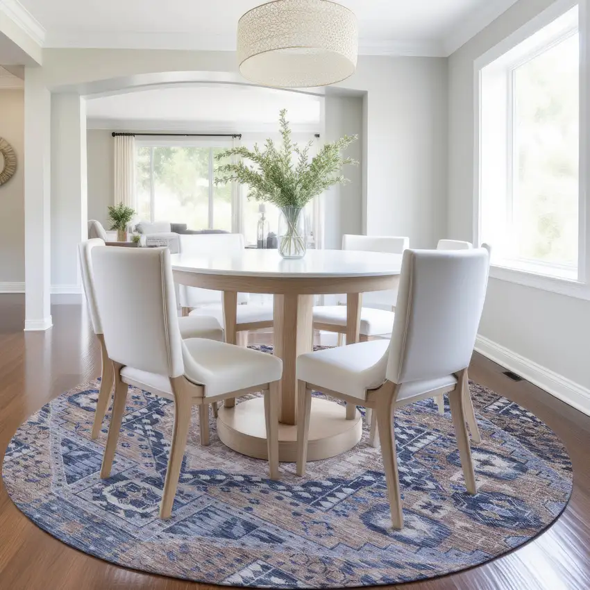 8' Brown And Beige Round Geometric Washable Indoor Outdoor Area Rug Photo 6