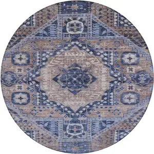 Photo of 8' Brown And Beige Round Geometric Washable Indoor Outdoor Area Rug