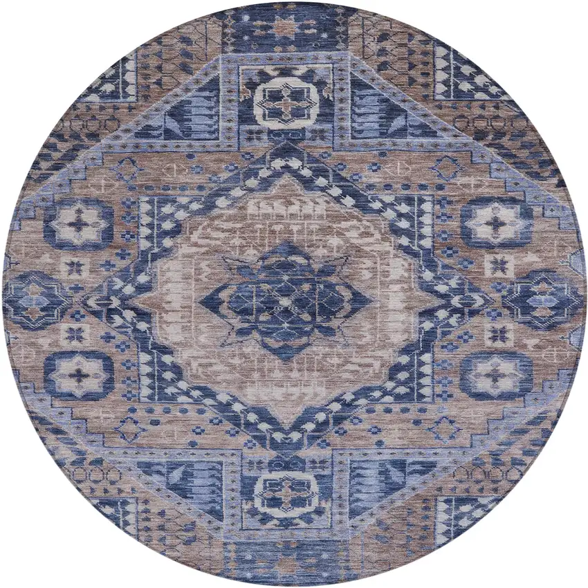 8' Brown And Beige Round Geometric Washable Indoor Outdoor Area Rug Photo 1