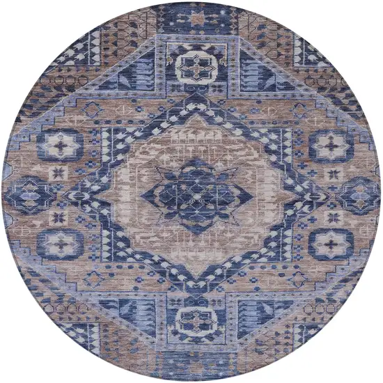 8' Brown And Beige Round Geometric Washable Indoor Outdoor Area Rug Photo 4