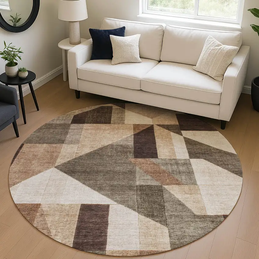 8' Brown And Beige Round Geometric Washable Indoor Outdoor Area Rug Photo 5