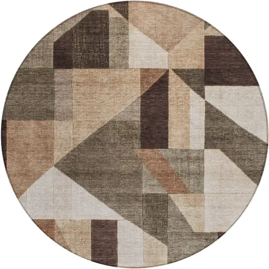 8' Brown And Beige Round Geometric Washable Indoor Outdoor Area Rug Photo 1