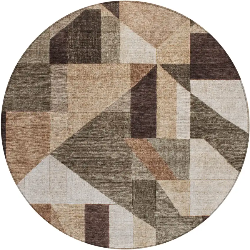 8' Brown And Beige Round Geometric Washable Indoor Outdoor Area Rug Photo 1