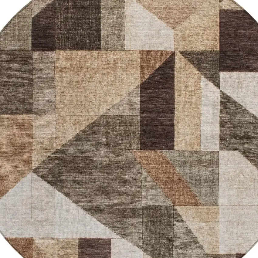 8' Brown And Beige Round Geometric Washable Indoor Outdoor Area Rug Photo 2