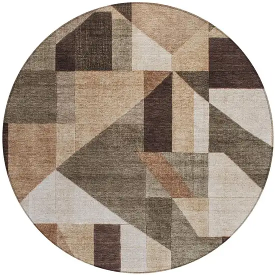8' Brown And Beige Round Geometric Washable Indoor Outdoor Area Rug Photo 3