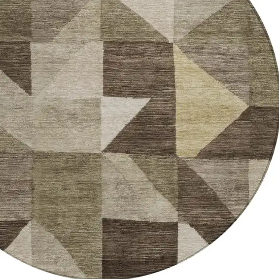 8' Brown And Beige Round Geometric Washable Indoor Outdoor Area Rug Photo 2