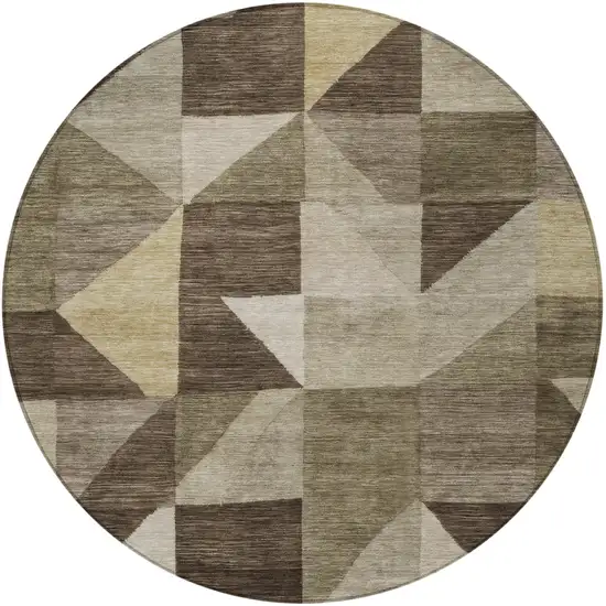 8' Brown And Beige Round Geometric Washable Indoor Outdoor Area Rug Photo 3