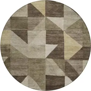 Photo of 8' Brown And Beige Round Geometric Washable Indoor Outdoor Area Rug