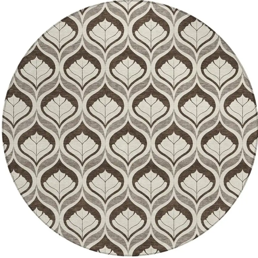 8' Brown And Beige Round Geometric Washable Indoor Outdoor Area Rug Photo 3