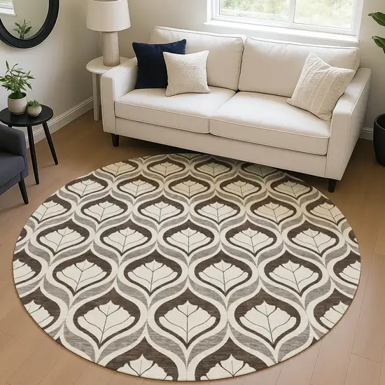 8' Brown And Beige Round Geometric Washable Indoor Outdoor Area Rug Photo 5