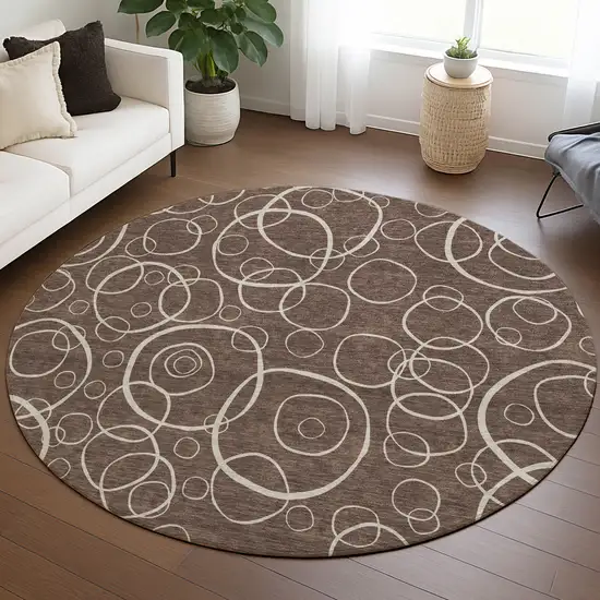 8' Brown And Beige Round Geometric Washable Indoor Outdoor Area Rug Photo 5