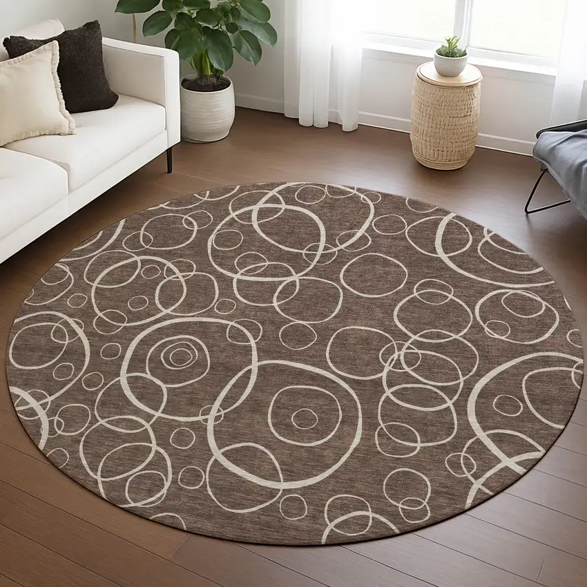 8' Brown And Beige Round Geometric Washable Indoor Outdoor Area Rug Photo 5