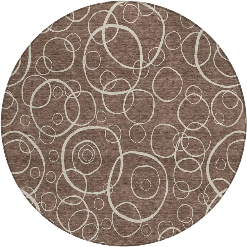 8' Brown And Beige Round Geometric Washable Indoor Outdoor Area Rug Photo 1