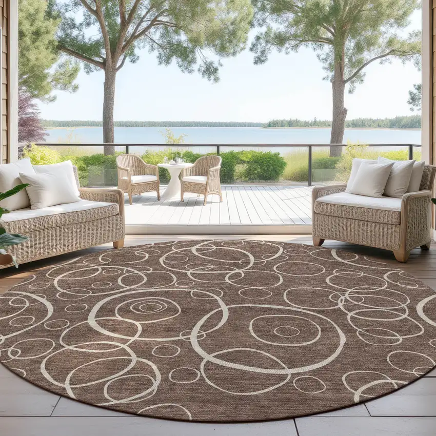 8' Brown And Beige Round Geometric Washable Indoor Outdoor Area Rug Photo 4