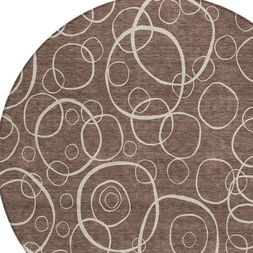 8' Brown And Beige Round Geometric Washable Indoor Outdoor Area Rug Photo 2