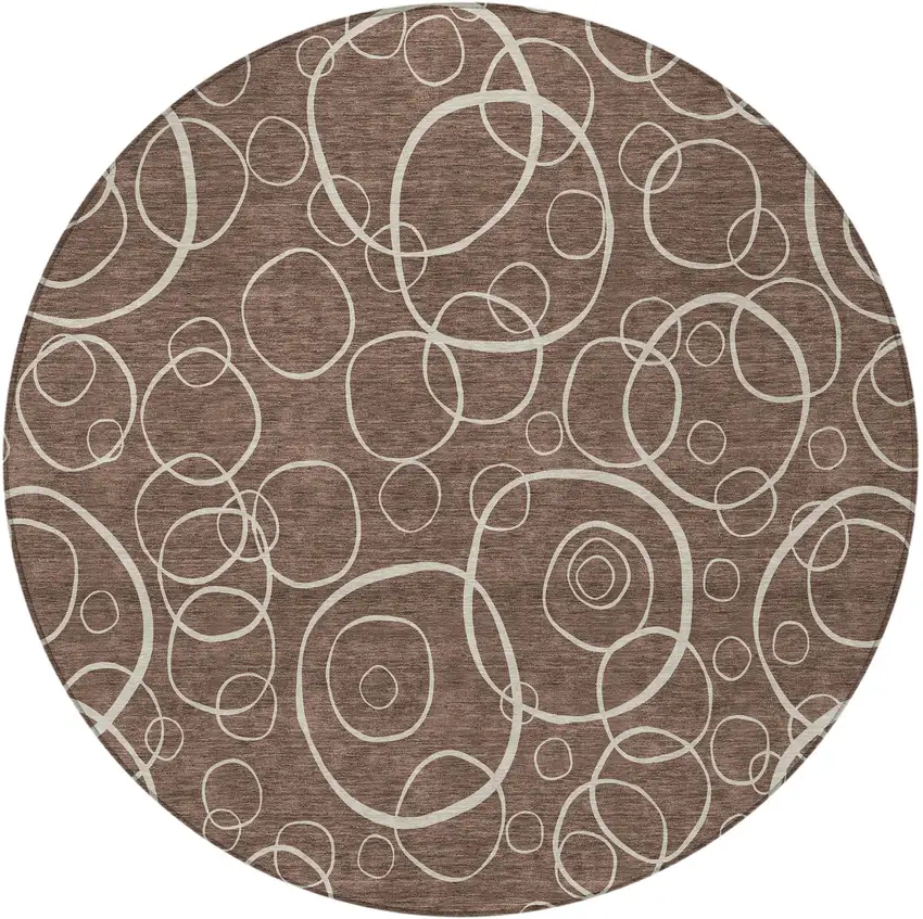 8' Brown And Beige Round Geometric Washable Indoor Outdoor Area Rug Photo 3