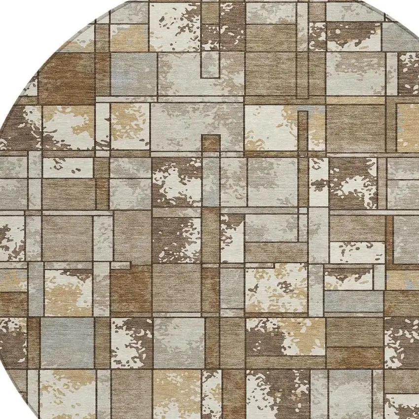 8' Brown And Beige Round Geometric Washable Indoor Outdoor Area Rug Photo 2